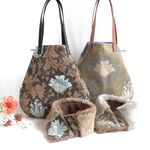 出品3週間で10点売れました！【お揃いミニマフラーオプション有り】ブラウン＆くすみブルーから選べます。ウィリアムモリスアネモネ2WAYトート