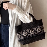【ブラック】存在感のある花刺繍×シフォンフリルの2wayヌビトート | ショルダー | マグネットボタン付きインド刺繍　ヌビ　ヌビバッグ　ヌビトートバッグ　インド刺繍リボンバッグ　黒