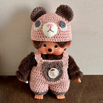 いちごチョコなくまちゃん帽子とくまちゃんアップリケサロペット(モンチッチSサイズ)