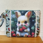 ふんわりファスナーポーチ、20(いちごとうさぎちゃんパネルと、ミントといちごと花柄).