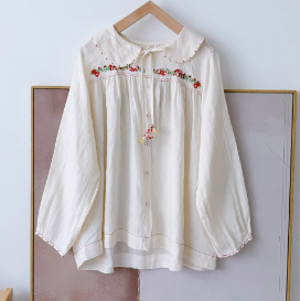 甘い 刺繍のゆったり した リネンの長袖 上着