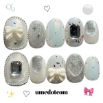 (⚪️🎀)ネイルチップ うるうるリボン(ホワイト) ニュアンス マグネット ウェディングネイル