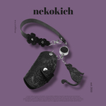 nekokich【本革リール付きキーケース】ボタニカル レザー ねこ 牛革  本革 猫モチーフ カードケース 名刺ケース 黒 猫 