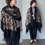 【総刺繍】カシミヤタッチ大判ストール あったか軽量 上品で華やかフォーマルにも 黒■KMC-148 892681