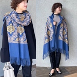 【総刺繍】カシミヤタッチ大判ストール あったか軽量 上品で華やかフォーマルにも 青■KMC-148 887492