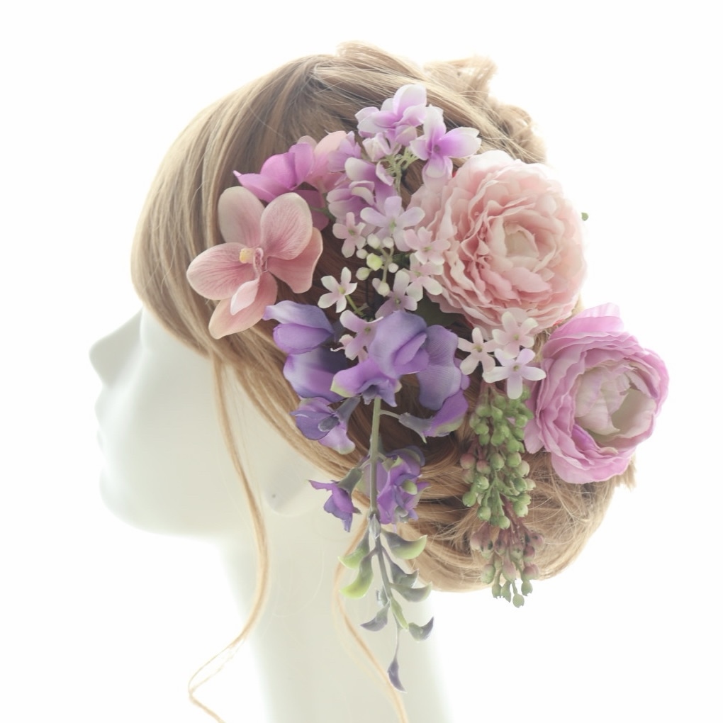 ヘッドドレス　髪飾り　藤　胡蝶蘭　芍薬　紫　ピンク　ヘアアクセサリー　結婚式　成人式　卒業式　ブライダル　髪飾り　振袖　和装