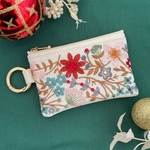 【Xmas限定カラー】インド刺繍　ミニポーチ　ポーチ　カラビナ　小銭入れ　コインケース　小物入れ　フェイクレザー　プチギフト　プレゼント　バッグチャーム　花