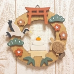 木製お正月ミニリース＊鶴と亀と鏡餅の縁起飾り＊松竹梅＊ナチュラル和モダンの迎春インテリア＊正月飾り＊玄関リース