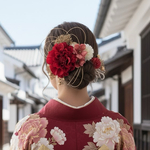 深紅ダリアの髪飾り/ 結婚式　成人式　胡蝶蘭　和装　振袖　卒業式　白無垢　色打掛　前撮り　花嫁　着物　ヘッドドレス　袴田　留袖　ヘアピン　結婚式髪飾り　成人式髪飾り　卒業式髪飾り　赤