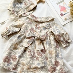 秋色ワンピース✳︎敏感肌✳︎90cm✳︎2歳✳︎3歳✳︎花柄✳︎プリンセスドレス✳︎リボン✳︎付け襟付き✳︎ボンネット付き✳︎コットン✳︎秋コーデ