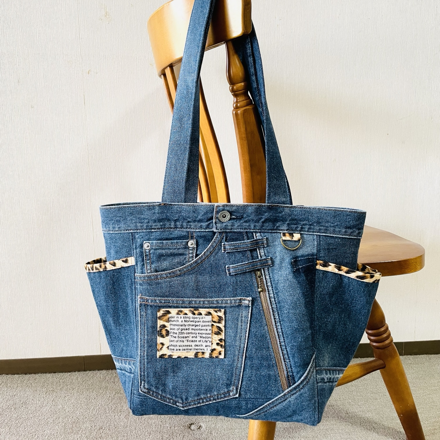 【Lサイズ】 デニムトートバッグ パグ×ジーンズ ハンドメイド レディース A4