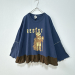 古着リメイクTシャツ　ネイビー×ブラウン　ギャザーフリル　片面プリント