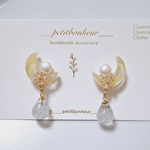 送料無料　三日月　crescent moon 　Sunlight Yellow イヤリング　ピアス　天然石　淡水パール