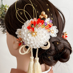 和装美を引き立てる 七五三 成人式 結婚式 つまみ細工髪飾り【レトロフラワー赤】前撮り 水引 タッセル レトロモダン 着物