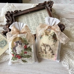 antiqueリネン*ねこ*ラベンダーサシェアンティーク絵葉書*クリスマス*プレゼンんと