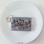 インド刺繍ポーチ　小花　ブルーグレーカラビナ付き　外ポケット、内ポケットつき　コインケース　カードケース　コスメポーチ