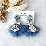 インド刺繍リボン/ビーズ刺繍/チュール/パール/シルバー/揺れる/大ぶりピアス イヤリング