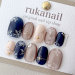 マグネット×雪の結晶　手描き　クリスマス　オーナメント　秋　冬　ネイビー　ネイルチップ　普段使い　デート