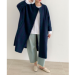 en-enウール８０%・モヘア調ドルマン袖コート・紺×グリーン格子