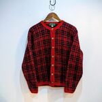 【20%OFF済｜セール中】英国より　ニット　 カーディガン セーター UK 14/16 ミディアム レッド チェック モヘア ポリエステル　アクリル