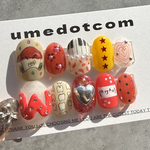 現品》ごちゃ混ぜWESTネイル(赤) カラフルネイル ニュアンスネイル イラスト ぷっくり 3Dネイル