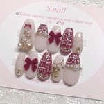 ネイルチップ ボルドー 赤 リボン ツイード クリスマス