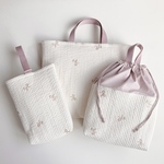 《送料無料》  リボン　刺繍　3点セット　ヌビ　キルト　キルティング　レッスンバッグ　シューズ入れ　お着替え袋　入園入学　女の子　くすみピンク　ラベンダー
