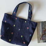 【小花刺繍デニムのミニトートバッグ】ネイビー × チェック内布 B5対応 タブレットok 手提げバッグ