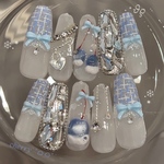 🎄クリスマスネイル ネイルチップ ツイード さくらんぼ 埋めつくし ワンホン フレンチガーリー 韓国 ガーリーネイル レース リボン 推し活 キラキラ マグネットネイル うるうる ちゅるん 結婚式