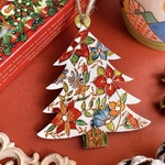 花咲くホワイトツリー　クリスマス　オーナメント　手描き　木製　お花　