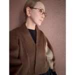 長さ選べる❤️RATAオリジナル❤️大人女性のためのショールニット❤️アシンメトリー配色袖❤️おしゃれブラウン❤️付属ピン付