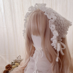 ふわふわモヘアのバブーシュカ　ヘッドドレス　ボンネット　かぎ針編み