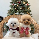 もこもこ編み×ツイードリボンのケープ（アイボリー／ボルドー)小型犬用 首飾り 秋冬カラー