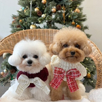 🎄残りわずか🎄もこもこ編み×ツイードリボンのケープ（アイボリー／ボルドー)小型犬用 首飾り 秋冬カラー