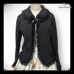 あったかフリース 襟付き ショートコート カーディガン ジャケット M★ブラック×黒レース (即納品)