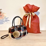 秋バッグ レトロチェックツイードとプードルボアの異素材ミックス2WAYスクエアボストンバッグ【選べる2カラー】