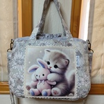 3wayふんわり巾着トートバッグ(セピア色系ナチュラル花柄と猫ちゃんとぬいぐるみうさぎパネル)