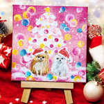 ポメラニアンのピンククリスマス　アクリル画　小さい絵　ミニキャンバス