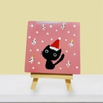ピンクのクリスマス♡ネコの手描きアートパネル＊木製インテリア｜イーゼル付き／玄関にも飾れる♬／ギフトにも