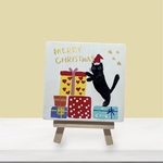 ネコとツクリスマスプレゼントのミニパネル♡手描きペンキアート／冬のネコインテリア／小さくクリスマスを飾ろう🎵