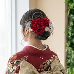 深紅ダリアと白の髪飾り　結婚式　成人式　和装　振袖　卒業式　白無垢　色打掛　前撮り　花嫁　着物　ヘッドドレス　袴田　留袖　ヘアピン　結婚式髪飾り　成人式髪飾り　卒業式髪飾り　白　赤