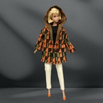 ポピーパーカー・バービー人形サイズのハンドメイドドール服*レトロ柄のフード付きハーフコート