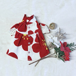 犬服　1号背中開き　クリスマスカラーの大きなお花襟フリルワンピ