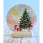 和紙ちぎり絵｜クリスマスツリーとプレゼントの丸型原画｜木製レタースタンド付き｜スノードーム風｜ギフト・インテリア