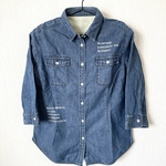 【デニムシャツ】古着リメイク ステンシルプリント ネイビーブルー 紺色 おしゃれ かわいい L 7分丈 レディース アメカジ ロック