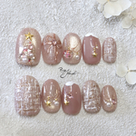 Xmas pink tweed nail tips クリスマス ピンク ネイルチップ クリスマスツリー リボン クリスマスネイル ツイード オーナメントネイル 冬ネイル