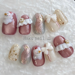 yukidaruma⛄/雪だるま/ゆき/冬/フリル/リボン/ネイルチップ/ゴールド/レース/クリスマス/ネイル/冬