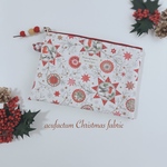 acufactum Christmas fabric ラインキルトのフラットポーチ　20cmファァスナー　鳥とオーナメント