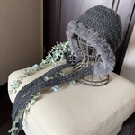 ☆crochet シンプル ファー付き ボンネット ニットフード☆シャドウグレー