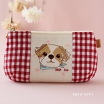 シーズー刺繍ポーチ/青／チェック／maru_miki_